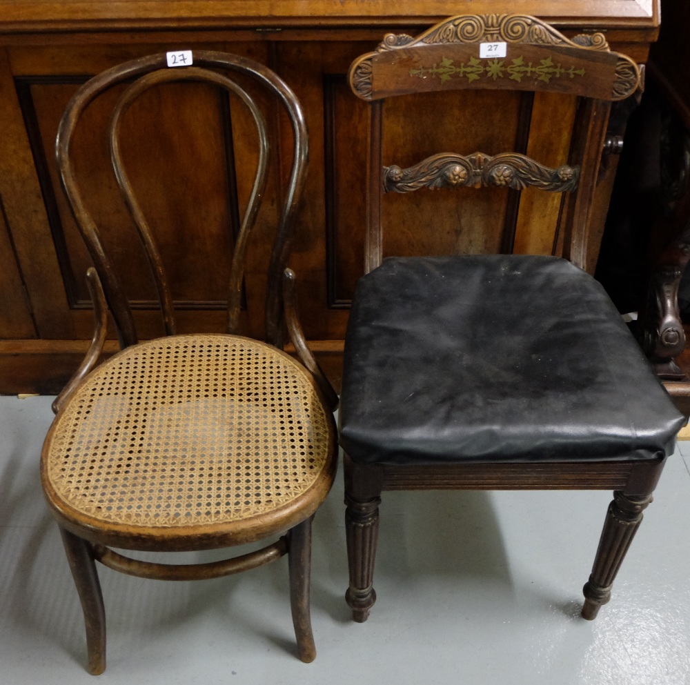 Regency Rosewood Dining Chair, brass inlaid with black leatherette seat & a Bentwood framed