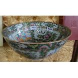 19thC Canton Chinese Bowl, decorated in a continuous pattern of flowers, figures in a courtyard, 12”