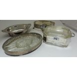 4 Silver Plate serving dishes - 1 ornate with stylised masks and grapes, 2 with glass inserts (4).