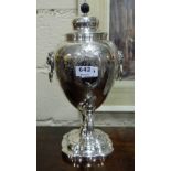 Fine Sheffield Silver Plate Tea Urn, 15”h, with filigree floral swans, the lid having a turned ebony