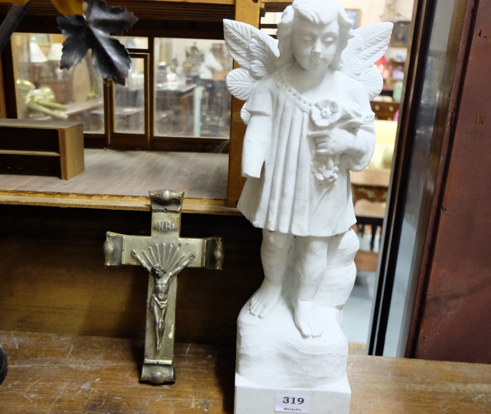 Plaster Figure of Angel (1 arm damaged) & metal Crucifix (2)