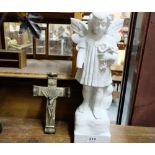 Plaster Figure of Angel (1 arm damaged) & metal Crucifix (2)