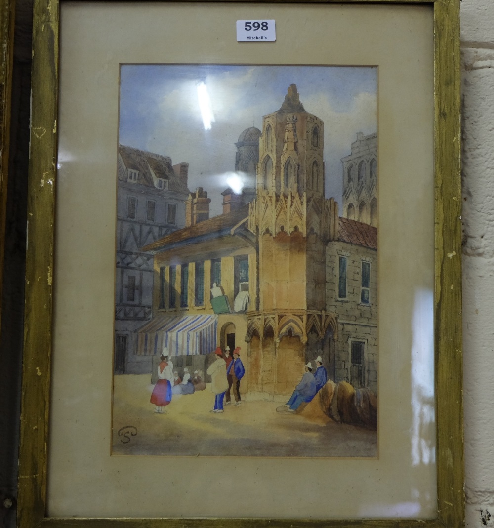Watercolour – 19thC Dutch Street scene with figures, initialled CS, in gilt frame.