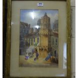 Watercolour – 19thC Dutch Street scene with figures, initialled CS, in gilt frame.