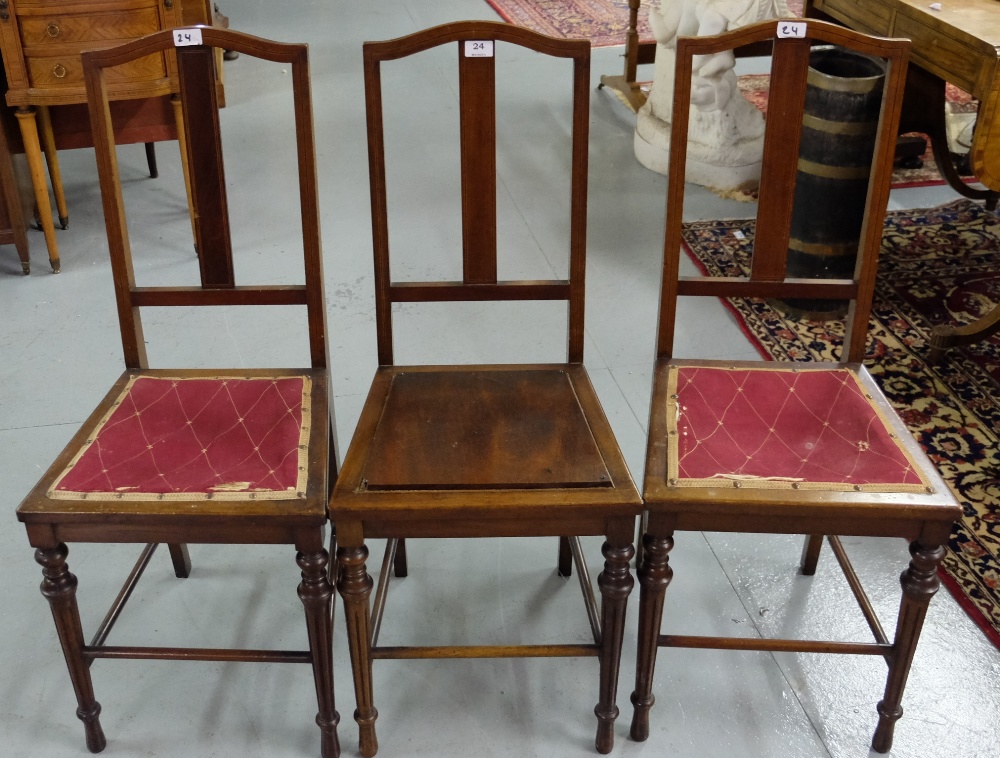 Set of 3 Inlaid Mahogany Dining Chairs, with central rail backs, on reeded and turned legs, two with