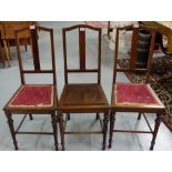 Set of 3 Inlaid Mahogany Dining Chairs, with central rail backs, on reeded and turned legs, two with