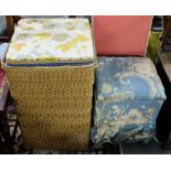 Wicker linen basket with hinged lid & bedroom stool with hinged lid to interior compartment,