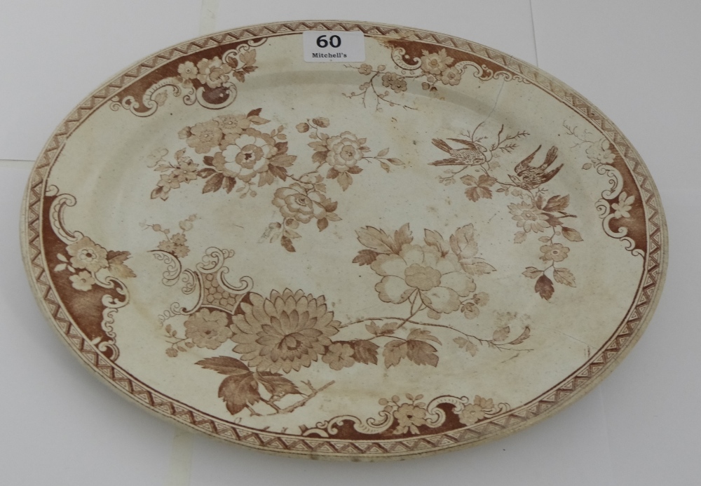 1st Period Belleek Meat Plate, oval, brown and white floral pattern, 14”w.