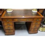 Victorian Oak Kneehole Writing Desk, the tooled brown leather top over 3 frieze drawers and 2