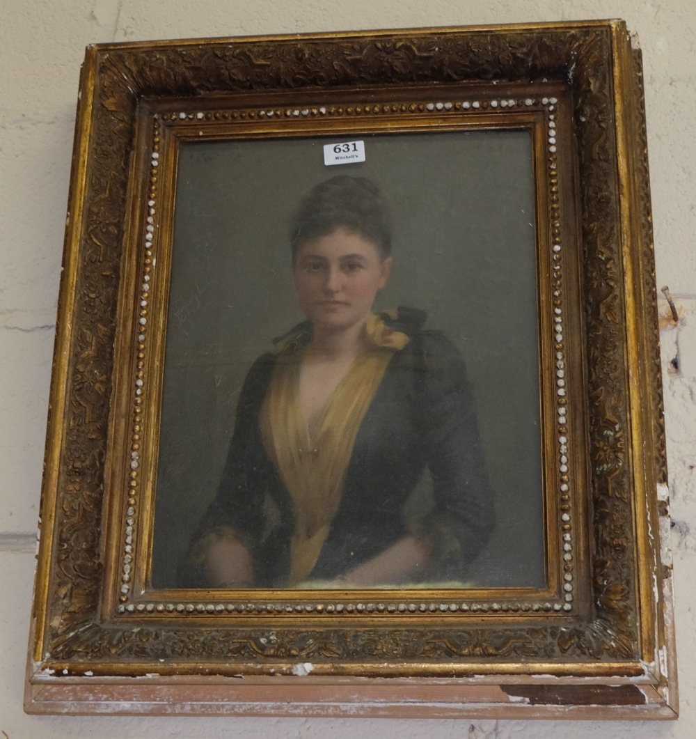 Edw. Oil on Canvas, portrait of a seated Lady, wearing a black dress with yellow slip, in moulded