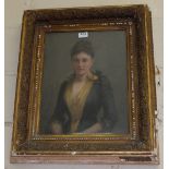 Edw. Oil on Canvas, portrait of a seated Lady, wearing a black dress with yellow slip, in moulded