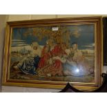 Needlepoint in gilt frame “Scribe with family”, 27”w x 19”h