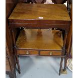 Georgian mahogany washstand, with hinged top lid over stretcher shelf with 2 drawers, on turned