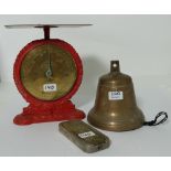 Salters counter scales, heavy brass bell (8”h) & razer set in case (3)