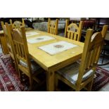 Mexican pine Dining Table with beige marble inserts 79”l x 39.5”w and a set of 6 matching Dining