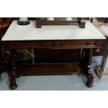 WMIV Mahogany Washstand/Hall Table, the rectangular white marble top over 2 frieze drawers, with