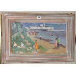 Oil on board, Russian Seaside Scene with white pavilion, signed verso, 21”2 x 14”h