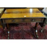 Reproduction mahogany Sofa Table, with 2 front drawers, inlaid, with drop down hinged flaps at