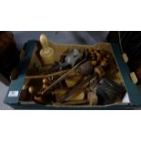 Boxed lot, mainly turned wood items – shoe lasts, old masonary paint brush “E.R.”, meat cleaver,