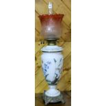 Oil Victorian Opalene Glass Container Oil Lamp, hand painted with flora, spider in web and stork,