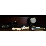 Pair of ivory handled cork screws, whiskey flask, plated cigar box & a French Hygrometre (5)