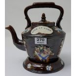 Glazed pottery Teapot on stand “Love at Home”, brown with floral décor.