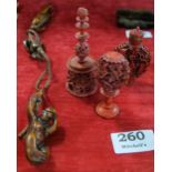 3 modern miniature carved Chinese perfume bottle & ornaments (painted red) & 3 piece climbing monkey