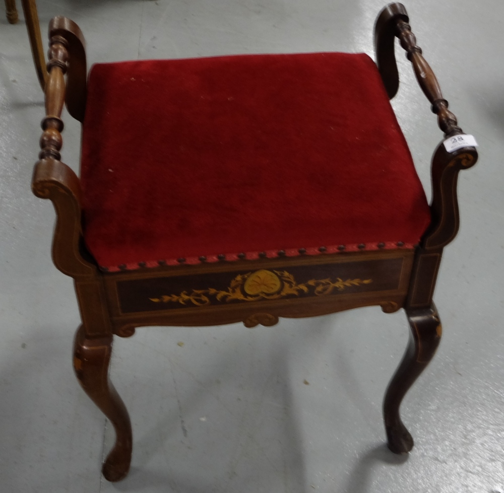 Edw. Mahogany Piano Stool, inlaid, the hinged padded seat over cabriole legs.