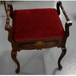 Edw. Mahogany Piano Stool, inlaid, the hinged padded seat over cabriole legs.
