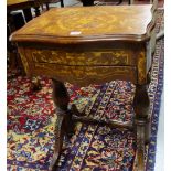 Marquetry Inlaid Sewing/Jewellery Table, the hinged top opening to red satin interior with mirror,