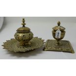 2 Ornate Cast Brass Victorian Ink Well Stands, with porcelain ink pots