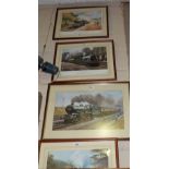 4 modern prints of Steam Railway interest (incl. 3 GWR) & 1 framed Cigarette Cards set (5)