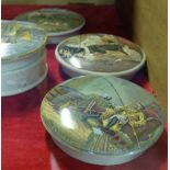 4 Edw. Pot Lids (1 Pratt ware), various decorations - Horseback Rider, Fisherwoman, Dogs & Ship in