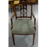 Georgian Inlaid Mahogany Carver Armchair, the rear Adams splat over side arms and tapered legs,