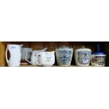 4 Advertising Pub Water Jugs, 2 “Old Irish Whiskey” stoneware jars stamped “Mitchells” & a Lamb’s