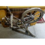 Wooden spinning wheel & 2 ornamental rat traps (3)