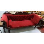 Early Victorian Mahogany Double Ended Sofa, the arched top rail over red velvet covered back and