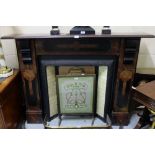 Victorian black and red marbleized Fireplace, with original cast iron insert, copper hood, 62”w