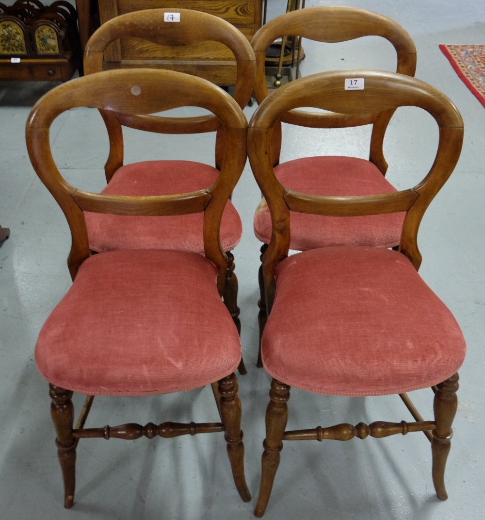 Matching Set of 4 Victorian Dining Chairs, balloon backs, red velvet seats.