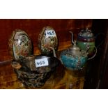 Pr. Papier Mache Japanese Eggs, 2 brass mtd green teapots & carved rice bowl (5)