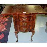 Narrow mahogany side cabinet, with 3 drawers and side drop flaps, on pad feet, 14”d, extending to