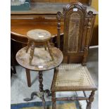 Oak framed chair with bergere seat and back, circular oak occasional table (dam) & oak milking stool