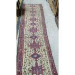 Two wool floor/stair runners, burgundy ground with cream floral patterns, 98”x 28” & 160” x 28”
