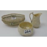 3 pieces early Belleek incl. a lattice shaped oval basket (chipped) 7”h & a matching jug and sugar