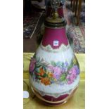 Large porcelain table lamp, 22”h, pink ground with continuous summer floral centrepiece, red silk