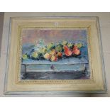 Marie Carroll – Oil on Board – still life of fruit on a blue table (an early work), in cream and