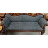 Victorian Mahogany Framed Sofa, the curved and moulded top rail over padded back and sprung seat,