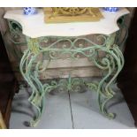 Wrought Metal Console Table, painted green, with shaped white marble top, 31.5”h x 33”w