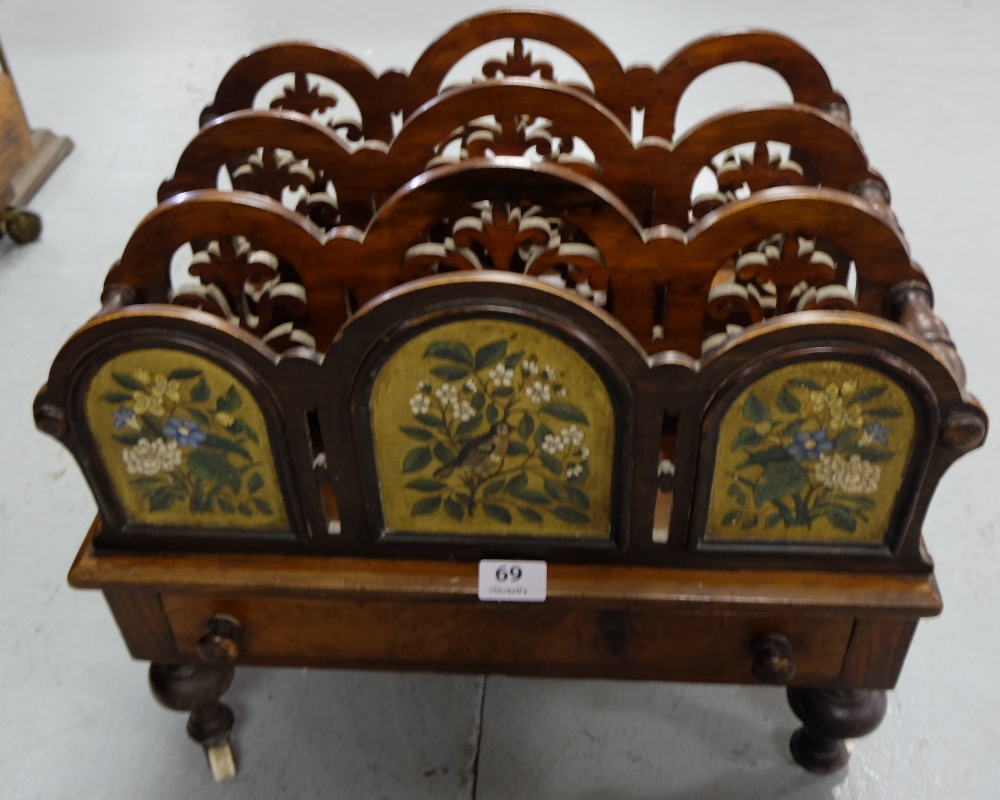 Victorian Rosewood Canterbury, raised on 4 turned legs, with drawer, the front panel painted with