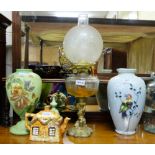 Empire lustre Vase with figure of bird, Cottage Teapot “Price of England” & Victorian Oil Lamp